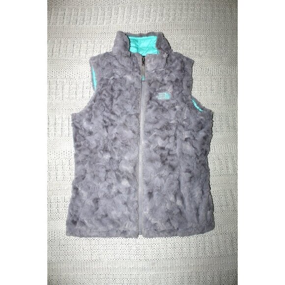The North Face Reversible Girls Blue & Grey Vest Puffer Jacket Size LG Fluffy - Picture 9 of 11